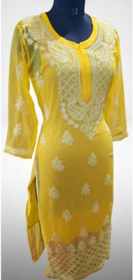 KKHENTPRS Women Chikan Embroidery Ethnic Dress Kurta(Yellow)
