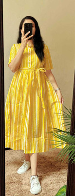 sarswa Women Printed Flared Kurta(Yellow)