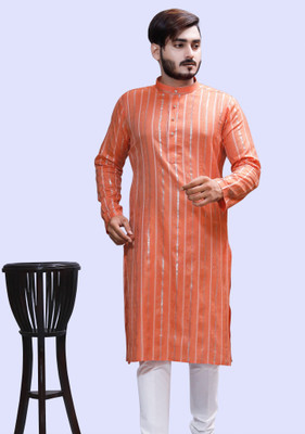 Tibra Collection Men Striped Straight Kurta(Orange, Silver)