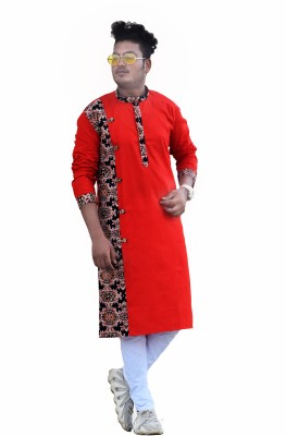 amrgarments Men Kalamkari Straight Kurta(Red)