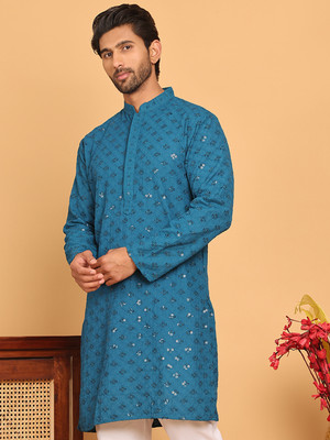 Jompers Men Embroidered Straight Kurta(Blue)