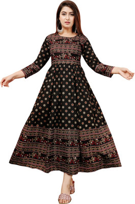 KALPHEM Women Printed Anarkali Kurta(Black)