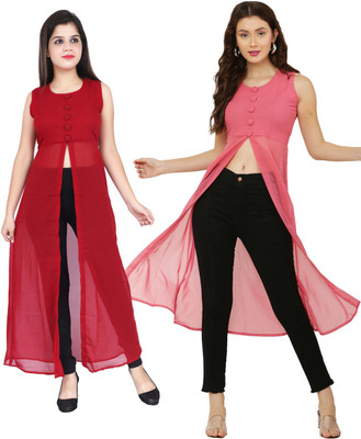 VESICLE Women Solid Frontslit Kurta(Maroon, Pink)