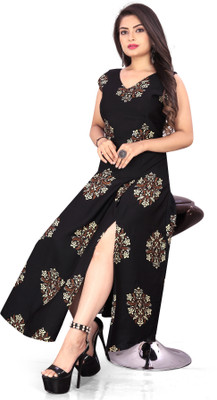 HOC's Women Polka Print A-line Kurta(Black)