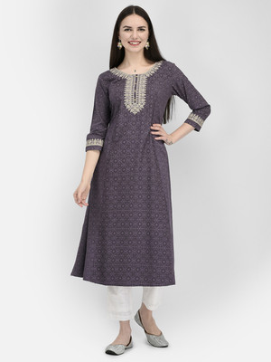 Span Women Self Design Straight Kurta(Grey, White)