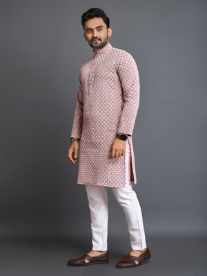 Krishiv Men Chikan Embroidery Straight Kurta(Pink)