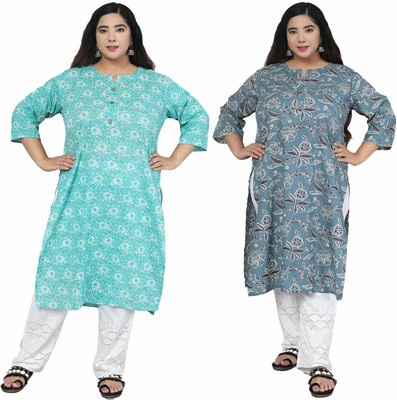 Jevi Prints Women Floral Print Straight Kurta(Green, Grey)