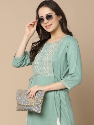 V-MART Women Embroidered Straight Kurta(Light Green)