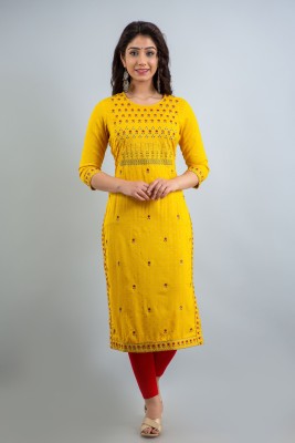 STYLE ANGEL Women Embroidered Straight Kurta(Yellow)