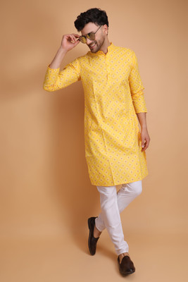 DARKCHILL Men Printed Straight Kurta(Yellow)