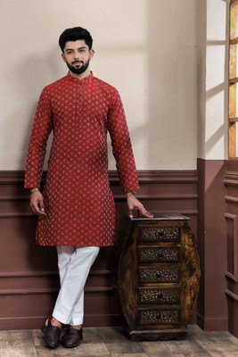 Koshin Men Printed Straight Kurta(Red)