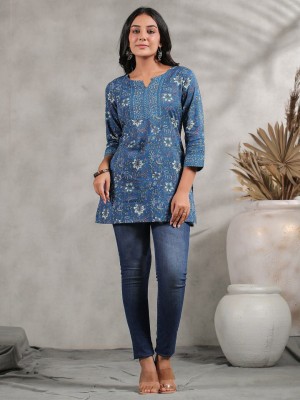 Kirnya Women Printed A-line Kurta(Blue)