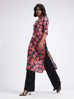 Anouk Rustic Women Floral Print Straight Kurta(Black)