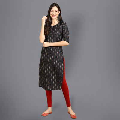 EthnicBasket Women Printed Straight Kurta(Black)