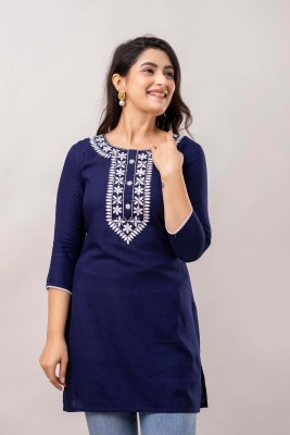 FrionKandy Women Embroidered Straight Kurta(Dark Blue)