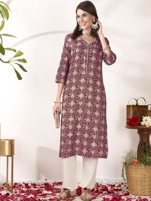 ANOUK Women Embroidered Straight Kurta(Maroon)