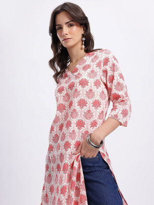 Anouk Rustic Women Floral Print Straight Kurta(White, Pink)