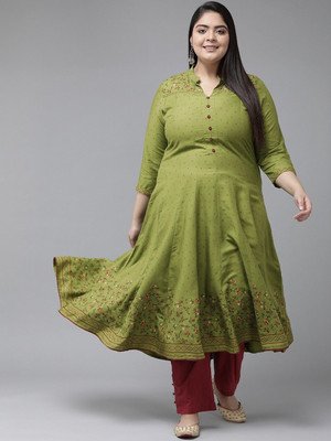 AKIKO Women Floral Print Anarkali Kurta(Green)