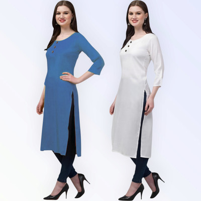 Coft Women Solid Straight Kurta(Blue, White)
