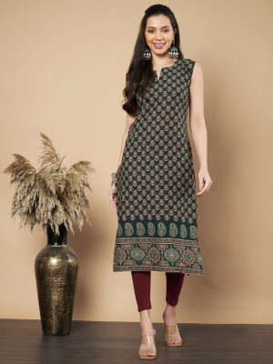 VBUYZ Women Printed Straight Kurta(Green)