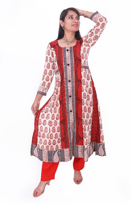 weavers saga Women Block Print A-line Kurta(Red, White)