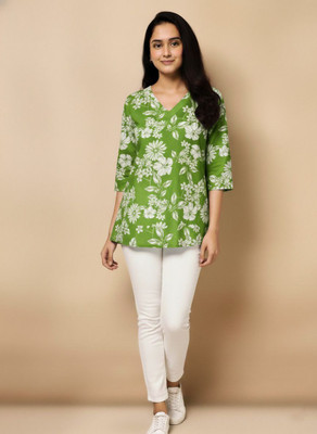 The MS Hub Women Floral Print Straight Kurta(Green)