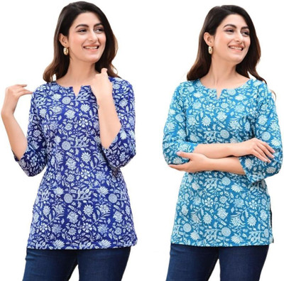 GURUFASHIONS Women Printed Straight Kurta(Blue)