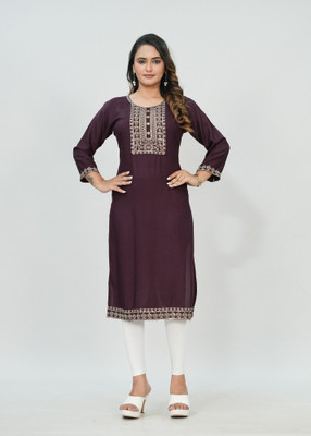 Elvya Women Embroidered Straight Kurta(Purple)