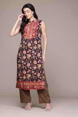 aarke Ritu Kumar Women Floral Print Straight Kurta(Black)