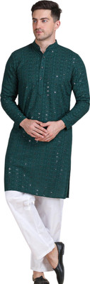 GALAD Men Chikan Embroidery Straight Kurta(Green)