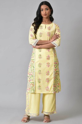 W Women Floral Print Straight Kurta(Yellow)