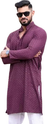 RS ENTERPRISES Men Self Design Straight Kurta(Black)