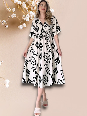 Shreejagdamba Women Gown Black, White Knee Length Dress
