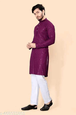 BDIVINE Men Self Design A-line Kurta(Blue)