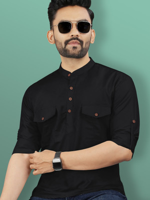 VeBNoR Men Self Design Straight Kurta(Black)
