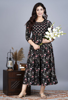 Jai Vijay Creations Women Printed Anarkali Kurta(Black)
