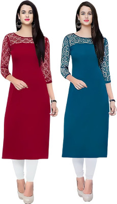 HIALTO Women Solid Straight Kurta(Maroon, Light Blue)