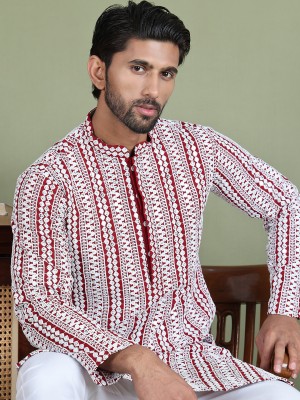 Jompers Men Embroidered Straight Kurta(Maroon, White)