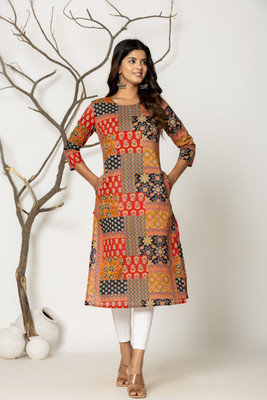 Jaipuri Bunaai Women Printed, Kalamkari, Geometric Print, Self Design Straight Kurta(Multicolor)