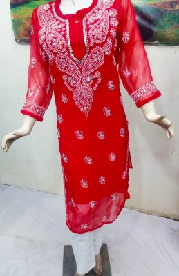 Handworkchikan Women Embroidered A-line Kurta(Red)