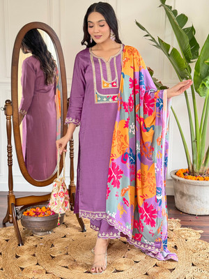 aadhiya impex Women Embroidered Straight Kurta(Purple)