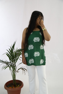 aanzri Women Floral Print, Printed A-line Kurta(Green)
