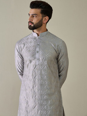 ANOUK Men Geometric Print Straight Kurta(Grey)