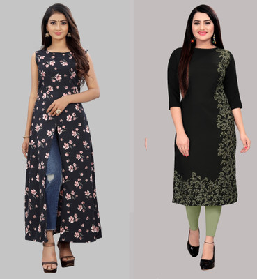 Hiral Creation Women Striped, Printed Straight Kurta(Black)