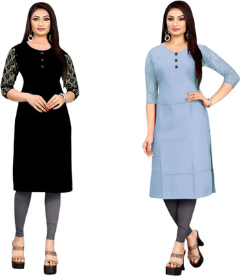 HOFC Women Solid Straight Kurta(Black, Grey)