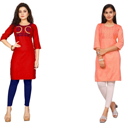 Fabthreads Women Solid Straight Kurta(Red, Dark Blue, Orange)