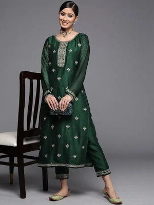 KurtiKriti Women Embroidered Straight Kurta(Dark Green)
