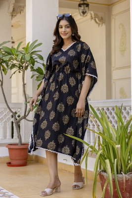 flexflow Women Printed Straight Kurta(Black)