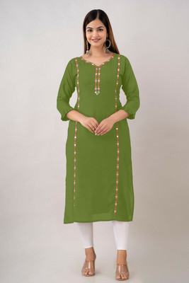 HouseOfCommon Women Embroidered Straight Kurta(Light Green)