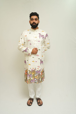 Bhaartiya Ethnic Men Printed, Kalamkari Straight Kurta(Beige, Multicolor)